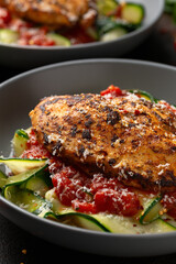 Healthy Chicken zucchini pasta with tomato sauce. Low carb, keto diet