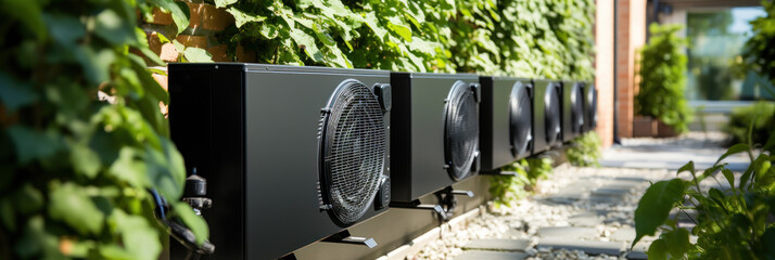 Outdoor unit of air source heat pump near the house, heating and cooling the house, banner