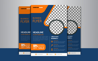 Simple minimalist corporate business flyer design template with blue and orange color.
