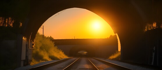 Fototapeta na wymiar Light at the end of train tunnel at sunset from Generative AI