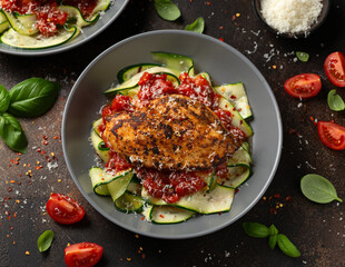 Healthy Chicken zucchini pasta with tomato sauce. Low carb, keto diet