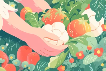 Poster The joy of harvest, flat illustration of autumn farmer harvesting fruit © lin