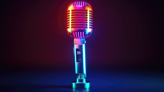 Colorful Neon Themed Microphone Close-Up: Versatile Image for Podcast, Public Speaking, Karaoke, or Party