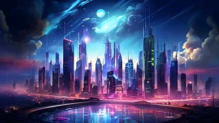 Futuristic night city panorama with skyscrapers and neon lights