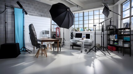 Interior of modern photo studio with professional equipment and lighting equipment. Mixed media
