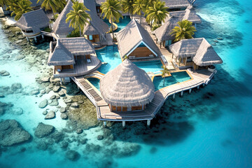 water villas in blue sea background,ariel view,summer holidays resort - obrazy, fototapety, plakaty
