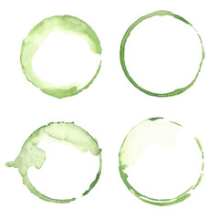 A set of watercolor spots, green circles. Decorative elements isolated on a white background, hand-drawn. Green watercolor splash. The imprint of the glass. A spilled drink.