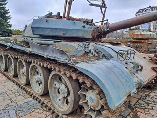 Russian tank destroyed by the Ukrainian army in Ukraine. War in Ukraine