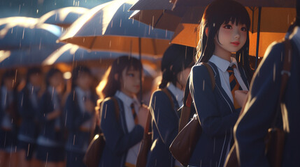 idol schoolgirls wearing school uniforms and umbrellas generative ai