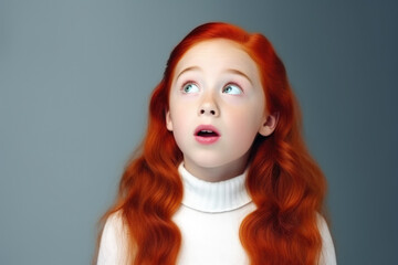 Fototapeta premium A young girl with vibrant red hair gazes upwards. This image can be used to convey curiosity, wonder, or contemplation. Ideal for websites, blogs, and articles related to youth, beauty, and self-disco