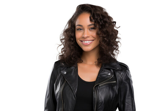 A woman wearing a black leather jacket with a smile on her face. This versatile image can be used to represent confidence, style, fashion, or a positive attitude.