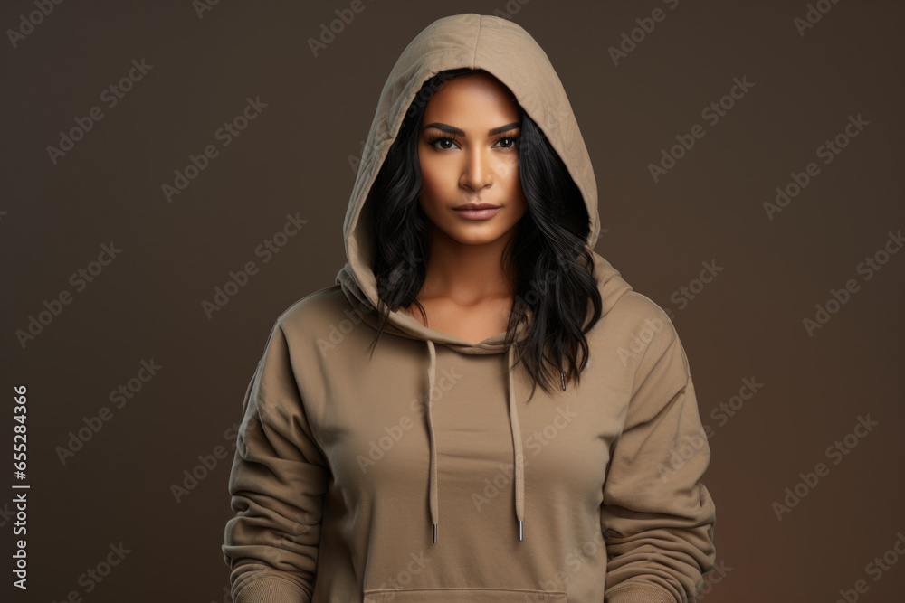Poster a woman wearing a hoodie poses for a picture. this versatile image can be used in various contexts.