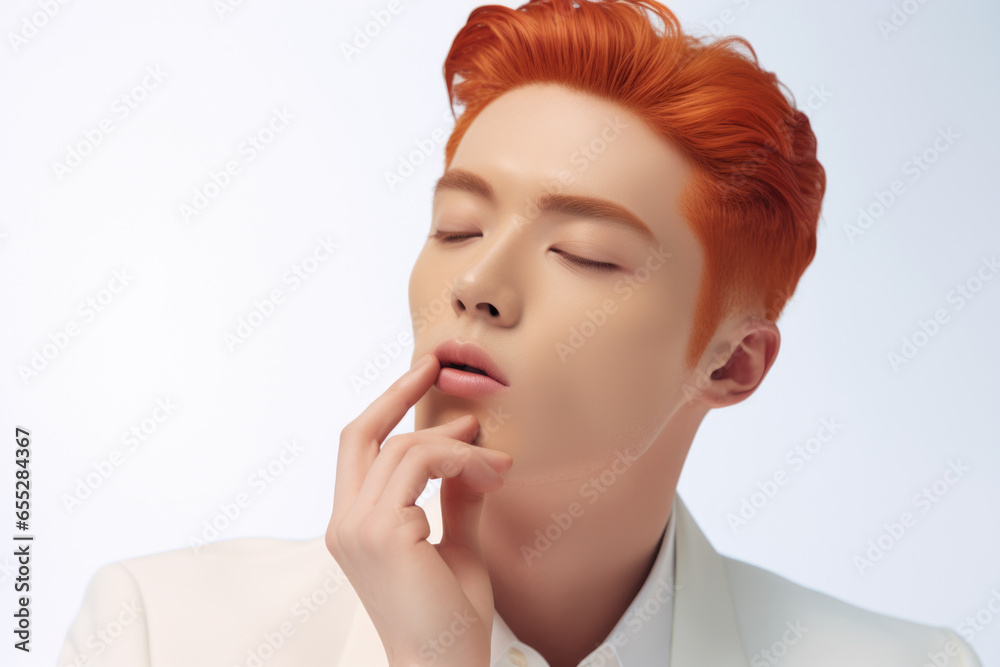 Poster a picture of a man with red hair wearing a white shirt. this versatile image can be used in various 