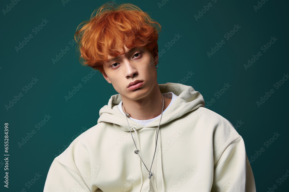 Poster a picture of a man with red hair wearing a white hoodie. this versatile image can be used in various