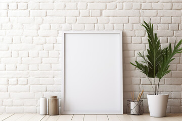 Blank picture vertical frame mockup on a stone white brick wall, boho style, modern, minimalist - obrazy, fototapety, plakaty