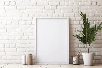 Foto op Plexiglas Blank picture vertical frame mockup on a stone white brick wall, boho style, modern, minimalist © Ars Nova