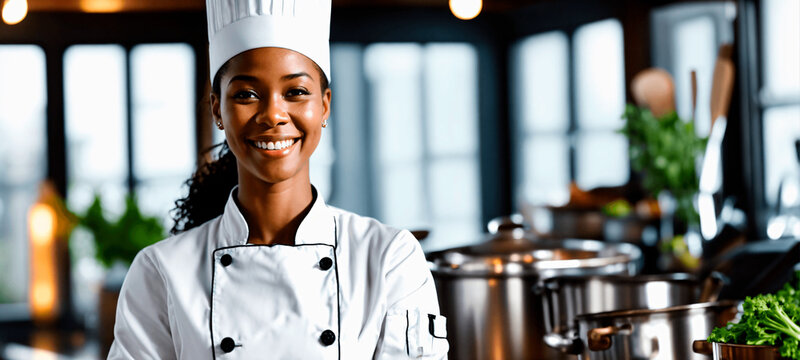 Portrait of a happy younh African American cheff on blurred kitchen. Banner format.