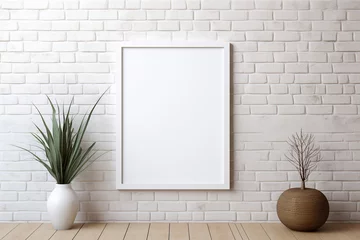 Gordijnen Blank picture vertical frame mockup on a stone white brick wall, boho style, modern, minimalist © Gajus