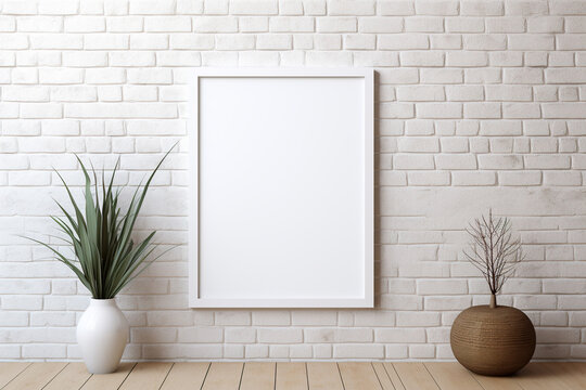 Fototapeta Blank picture vertical frame mockup on a stone white brick wall, boho style, modern, minimalist