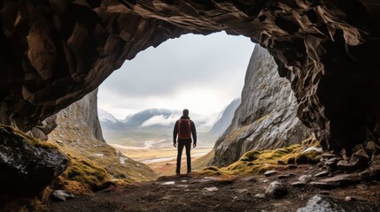 A man standing in front of the cave looked at the natural scenery - obrazy, fototapety, plakaty