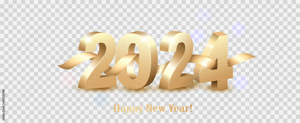 Poster Merry Christmas and Happy New Year 2024. Golden 3D numbers with gold ribbon on transparent background. Festive realistic design. Holiday party 2024 web poster. Vector