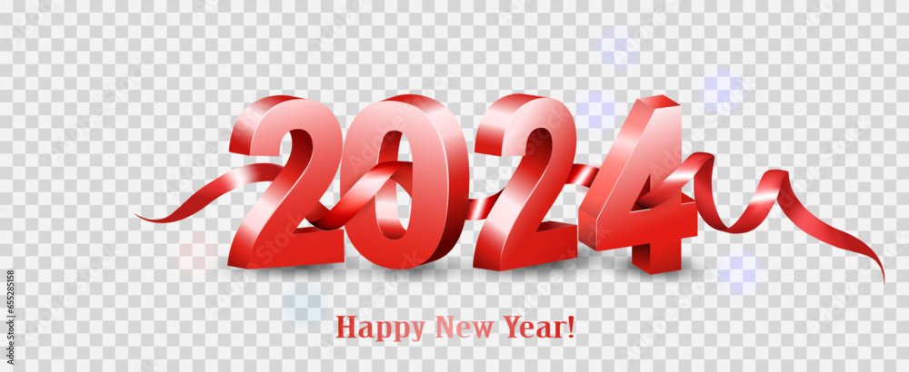 Aufkleber merry christmas and happy new year 2024. red 3d numbers with red ribbon on transparent background. f