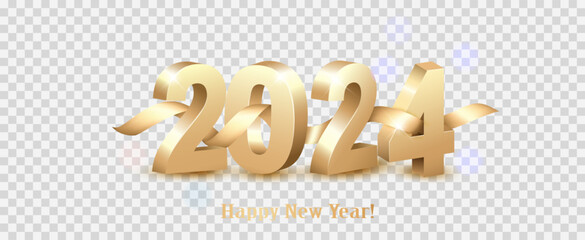 Merry Christmas and Happy New Year 2024. Golden 3D numbers with gold ribbon on transparent background. Festive realistic design. Holiday party 2024 web poster. Vector