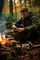 Serious Caucasian man brews coffee over a fire in the autumn forest.