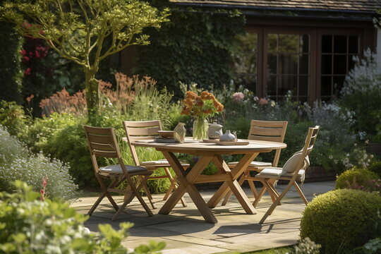 Elegant cozy garden furniture on terrace of suburban home