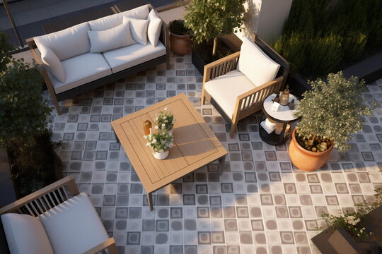 Elegant cozy garden furniture on terrace of suburban home. View from above