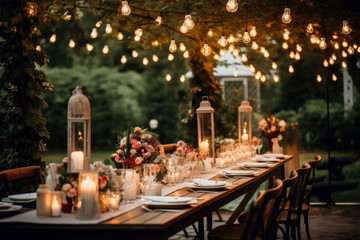 Fototapeta na wymiar Wedding table setting. hall decoration with a lot of string lights and candles. festive table decor on the terrace