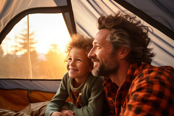 Father and son enjoying resting in the camping tent at sunrise