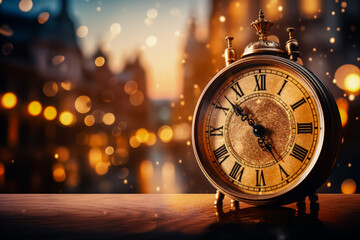 Vintage New Years Eve clocks close-up photography background with empty space for text 