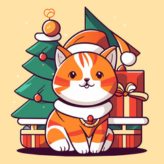 A cat wearing hat in Christmas Day with bell background, pet in Christmas Day, new year festival, decorations for celebration, orange cat.