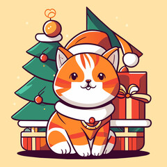 Naklejka premium A cat wearing hat in Christmas Day with bell background, pet in Christmas Day, new year festival, decorations for celebration, orange cat.