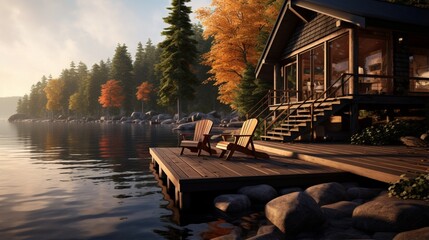an idyllic lakeside cabin retreat with a Newfoundland peacefully resting on a wooden dock, exuding...