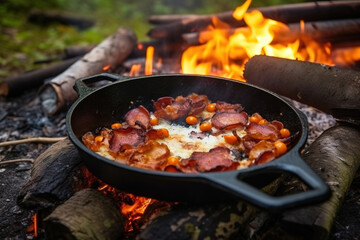 Camping breakfast with bacon and eggs in a cast iron skillet. Fried eggs with bacon in a pan in the forest. Food at the camp. Scrambled eggs with bacon on fire. Picnic