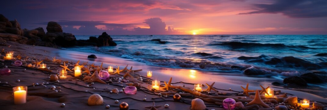 Generative AI image of a beach scene with candles, pillows, stars, and sea shells, exotic, spectacular backdrops, colorful arrangements, romantic gestures, joyful celebration of nature, sunset amazi