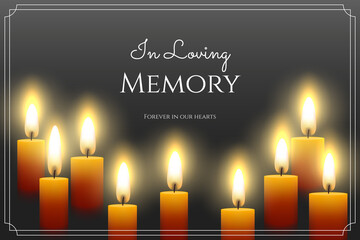 In loving memory template for the loved ones , illustrated background with a black strip and candles  - obrazy, fototapety, plakaty