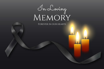 In loving memory template for the loved ones , illustrated background with a black strip and candles 