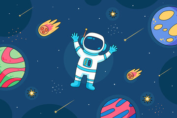 planets and a man in space , hand drawn vector illustration with illustrated background 