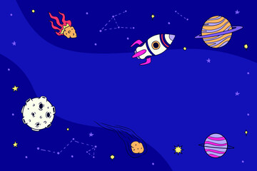 planets and a space rocket , hand drawn vector illustration with illustrated background 