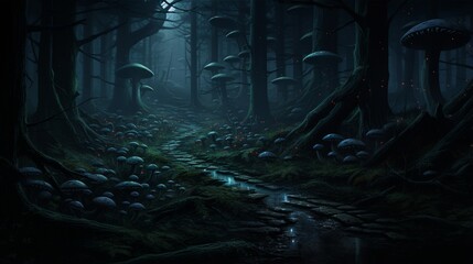 a chilling, dark forest scene with luminescent mushrooms that softly light the path of creepy...