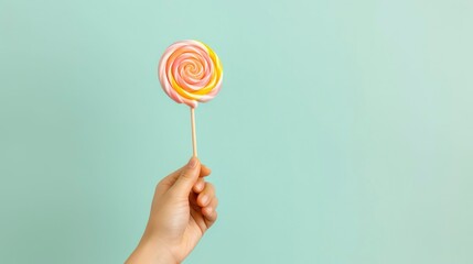 Hand holding yummy candy lollipop on plain background - obrazy, fototapety, plakaty