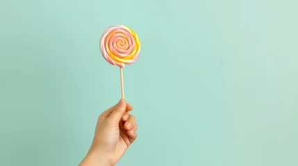 Deurstickers Hand holding yummy candy lollipop on plain background © Voilla