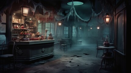 a haunted ice cream parlor, with scoops of ice cream that emit ghostly trails of mist - obrazy, fototapety, plakaty