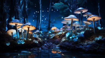 a mesmerizing, enchanted forest made entirely of edible mushrooms, glowing softly in the moonlight
