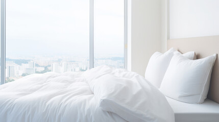 Fototapeta na wymiar Living the City Lifestyle: Minimalist Hotel / Apartment Bedroom with Tall Windows and Natural Light with Beautiful City View