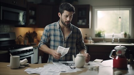 Fototapeta na wymiar Generative AI image of a Worried young Caucasian man going over his bills and home finances in the morning in the kitchen