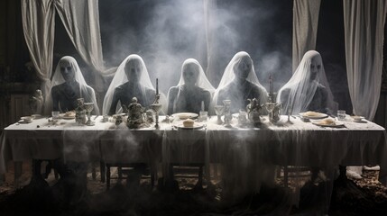 a spectral banquet, complete with ghostly cutlery and phantom-like dishes floating above the table